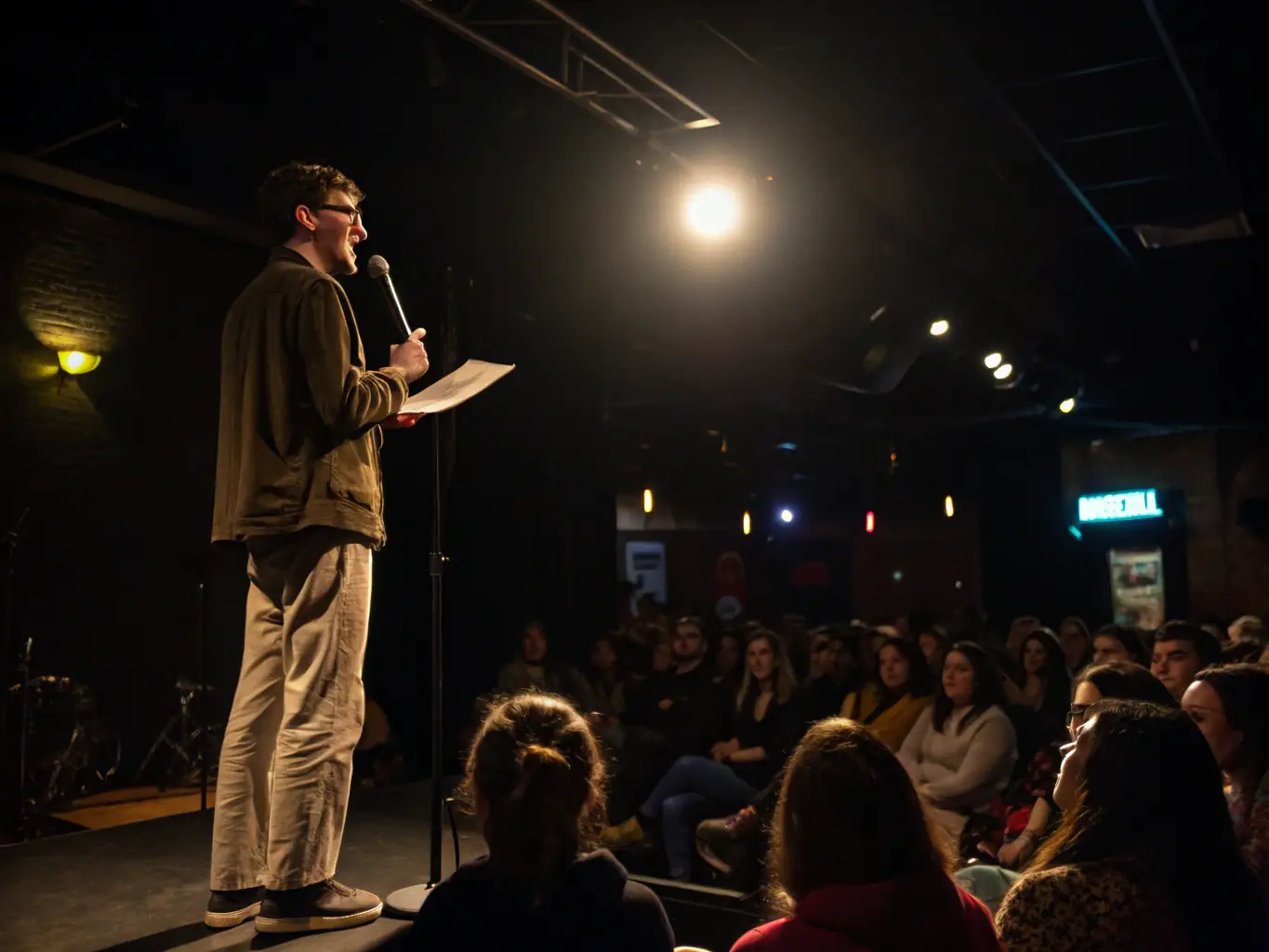 A captivating image of poets and writers engaged in a poetry slam event organized by MUSIC ARTIST, highlighting the power of words and artistic expression.