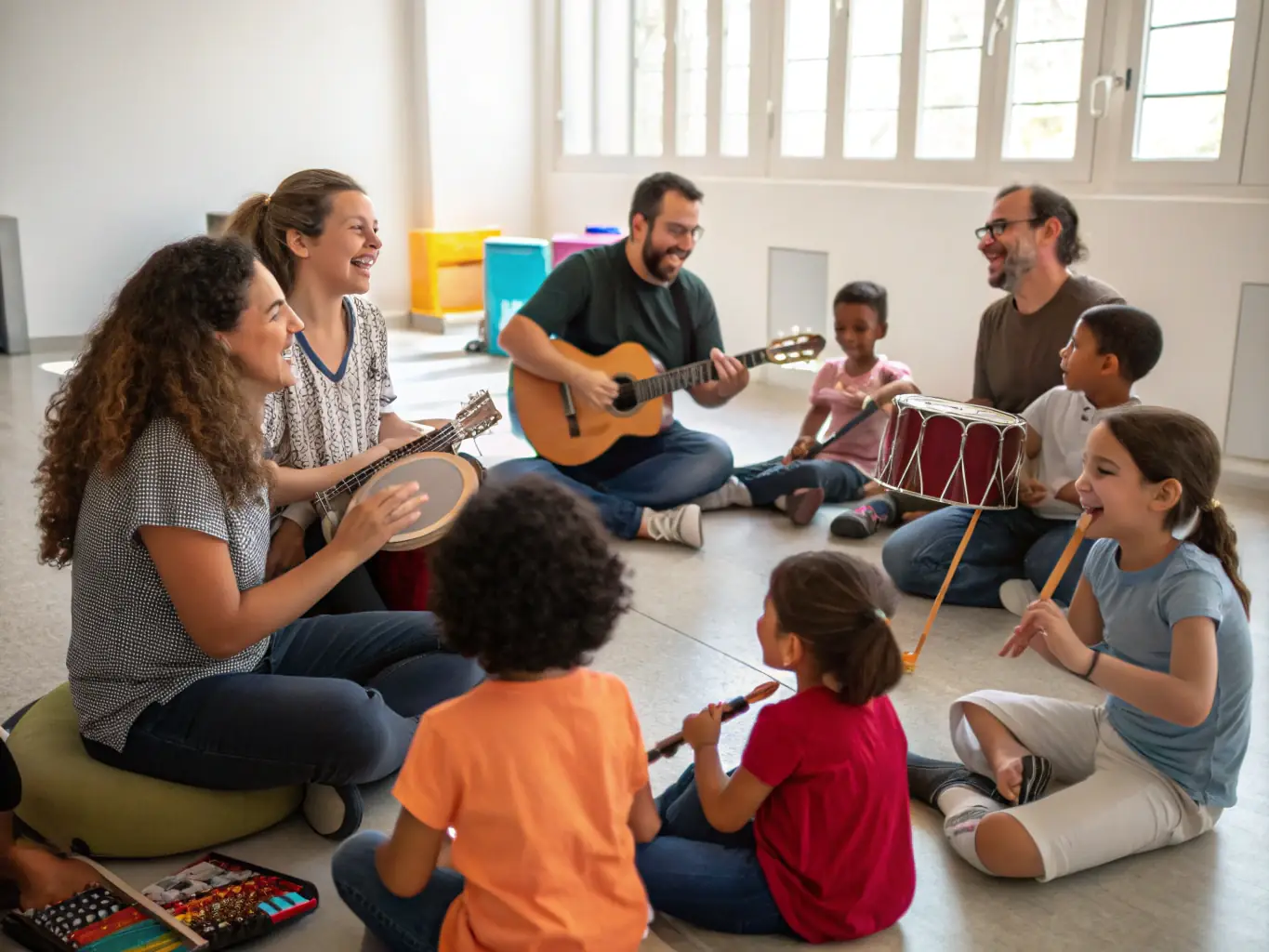 A vibrant image of a group of young musicians participating in a MUSIC ARTIST workshop, showcasing their enthusiasm and collaboration.