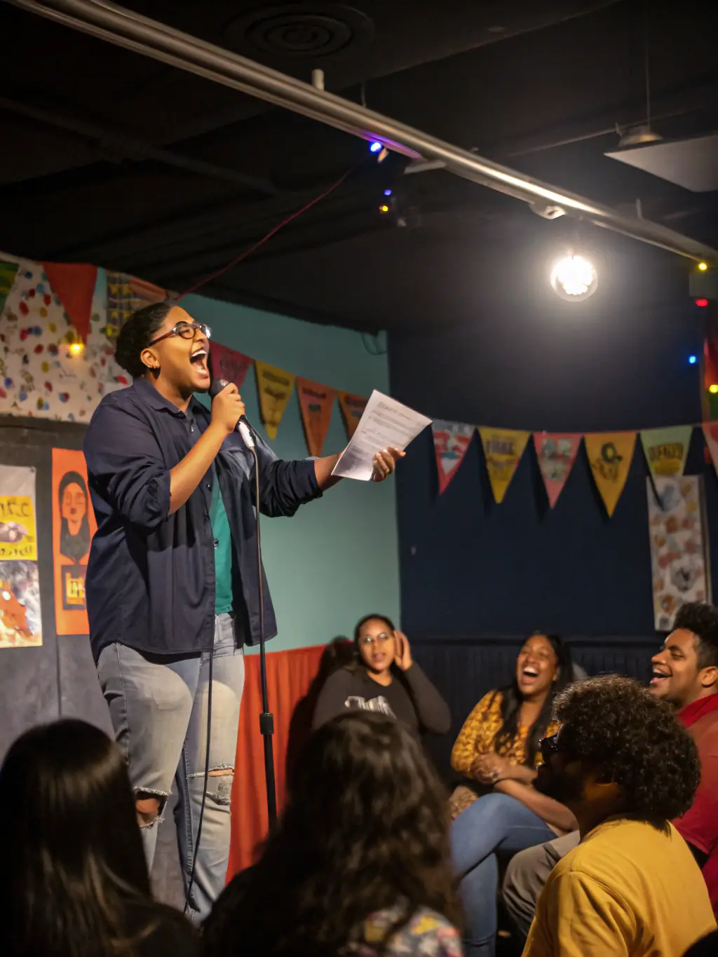 A dynamic image showcasing a poetry slam event organized by MUSIC ARTIST, featuring a diverse group of poets and a captivated audience.