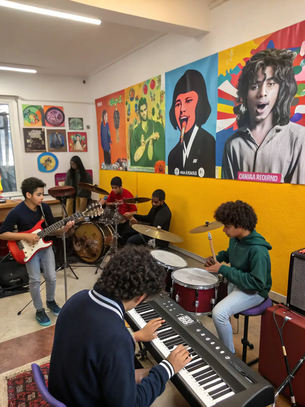 A vibrant photograph capturing a group of young musicians participating in a MUSIC ARTIST workshop, focused on ensemble performance and skill-building.