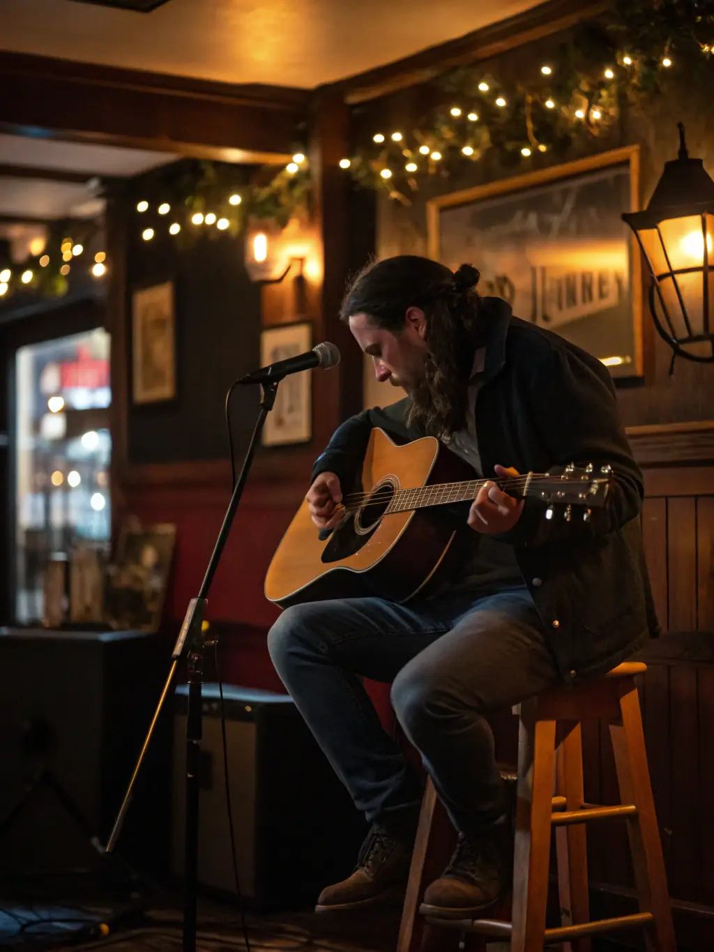 A lively shot of a MUSIC ARTIST-sponsored open mic night, highlighting emerging singers and musicians performing for an enthusiastic crowd.
