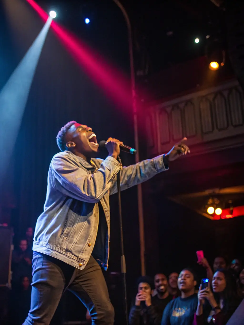 A dynamic image of a poetry slam event organized by MUSIC ARTIST, capturing the energy and creativity of the participants.