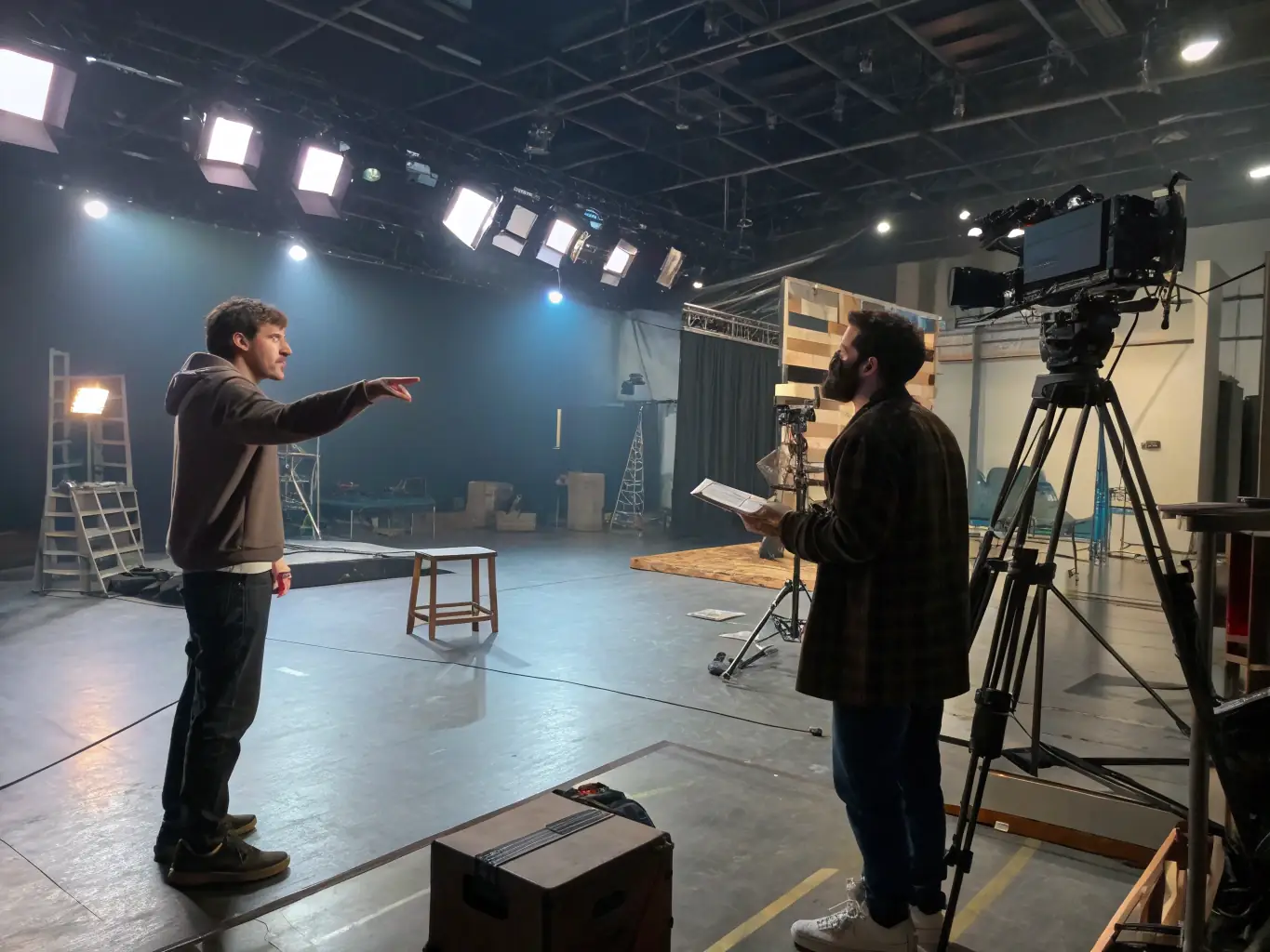 A dynamic image of actors rehearsing for a theatrical performance supported by MUSIC ARTIST, capturing the energy and creativity of the production.