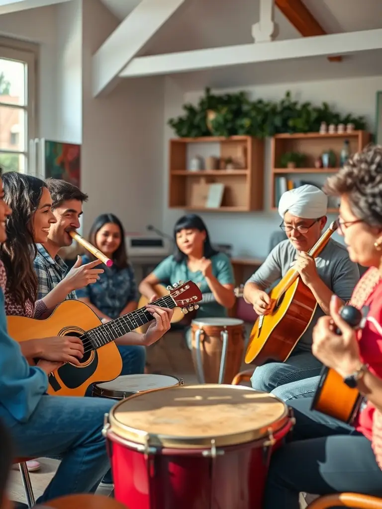 A joyful image of children participating in a MUSIC ARTIST-sponsored music education program, emphasizing community engagement and skill advancement.